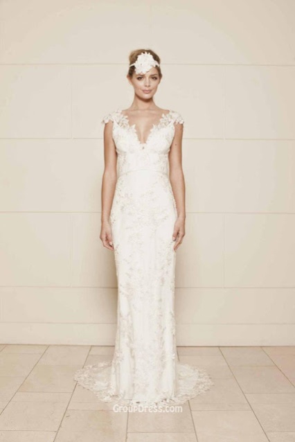 Sheath Cap Sleeves Floor Length Backless Lace Wedding Dress