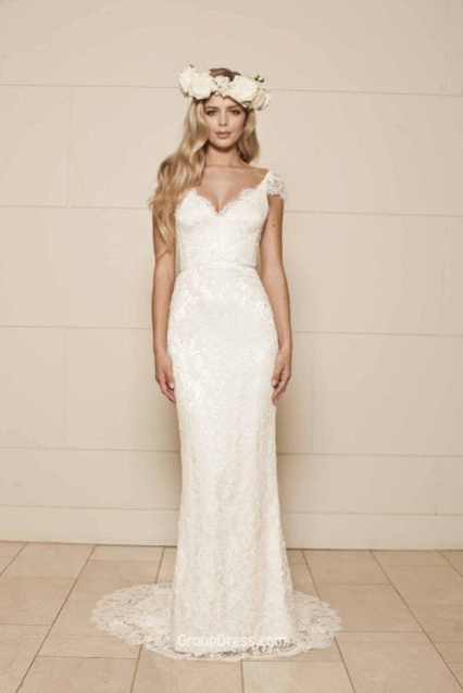 Sheath Cap Sleeves Backless Floor Length Simple Lace Wedding Dress